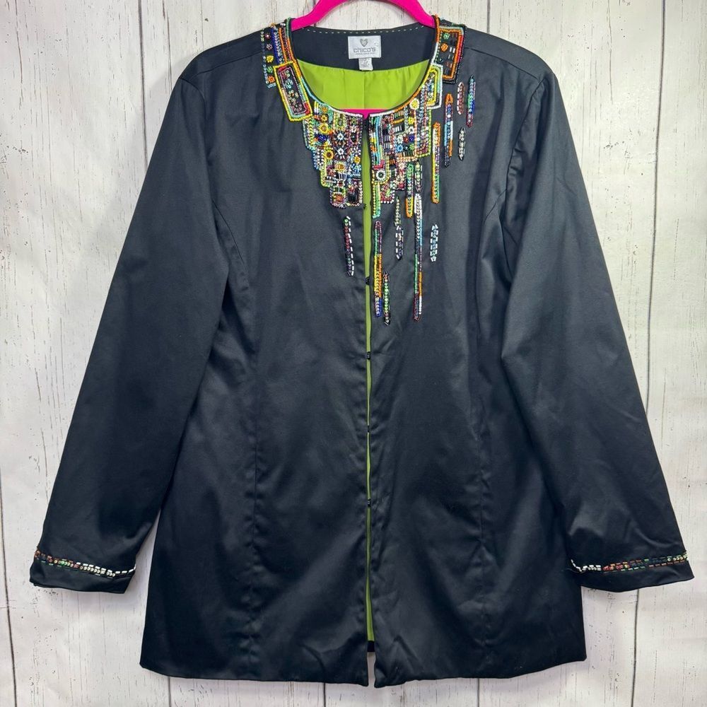 Chicos Beaded Embellished Black Jacket Statement Beadwork Sequin Artsy Boho Chic